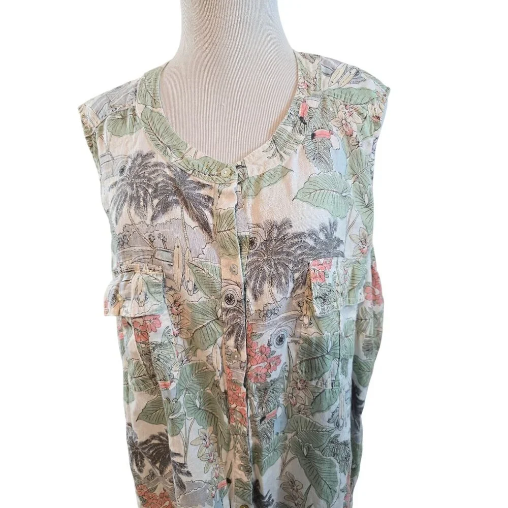 C&C California‎ Womens Tropical Print Sleeveless Linen Button-Down dress Size 3X - Picture 2 of 13